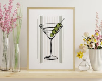 Martini Glass Print Stripes Kitchen Wall Art Retro Cocktail Poster Aesthetic Modern Kitchen Bar Cart Playing Card Happy Hour Trendy Decor.