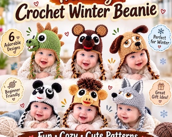 Amigurumi Crochet Animal Beanie Pattern Bundle PDF, Winter Hat Crochet Patterns, Baby Beanie Pattern, 6 Cute Designs, Instant Download.