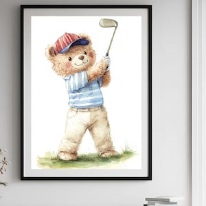 Vintage Golf Teddy Bear Wall Art, Watercolor Illustration of Bear in Retro Outfit, Nostalgic Wall Decor for Kids Room or Golf Enthusiasts
