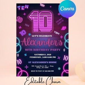 Boy 10Th Birthday Invitation, Bruh Birthday Invitation, Neon, Glow Invitation, Canva Template