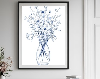 Blue Floral Still Life Drawing - flower bouquet art print - aesthetic bohemian poster - printable botanical wall art - fine line flower art.