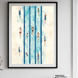 People Swimming in Pool Printable Wall Art, Minimalist Tiny Swimmers Poster, Summer Poster, Gift for Swimmer, Deco Style Bathroom Decor