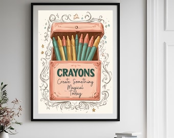 Arte imprimible con crayones retro divertidos para la decoración de habitaciones infantiles, decoración caprichosa para el cuarto de juegos infantil, impresión inspiradora para niños, impresión de crayones coloridos