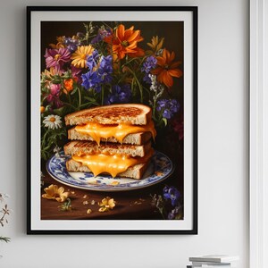 Grillowany ser, zabawna dekoracja ścienna z jedzeniem, zabawny obraz martwej natury w nastrojowej kuchni, sztuka wózka barowego, ciemne, kapryśne wydruki, polne kwiaty, wydruk Cottagecore.