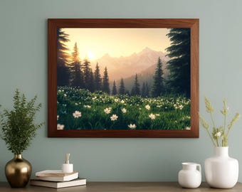Druckbare Wildblumen Fotografie, Natur Landschaft große Wandkunst, grüne Natur Digitaldruck, nordische Wald Wandkunst, Instant Download.