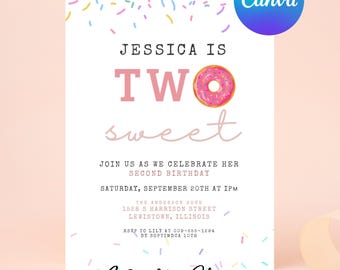 Editable Two Sweet and Sassy Birthday 2nd Birthday Girl Candy Sweet Donut Invitation Blush Pink Two Year Dessert Invite Download Printable