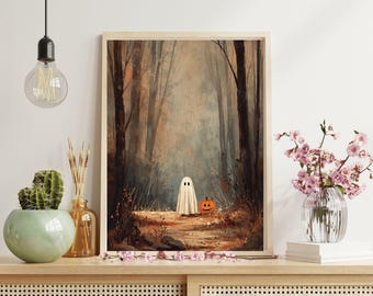 Dark Forest with Ghosts Print, Printable Vintage Halloween Wall Art, Dark Cottagecore Print, Rustic Farmhouse Art, Dark Cute Decor Art.