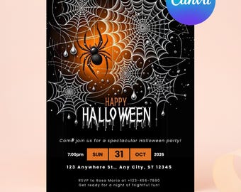 Editable Spider Halloween Party Invite, Modern Digital Spider Theme Invitation for Adults or Kids, DIY Template, Spider Halloween Invitation