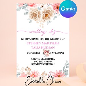 Editable Wedding Invitation Template, Blush Pink Wedding Template, Wedding Invitation, Floral Canva Invitation Self-Editable Invite