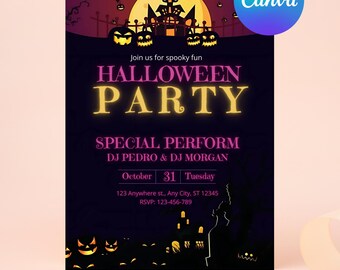 Editable Halloween Party Invitation Template Halloween Birthday Invitation Costume Party Invite Haunted House Spooky Pumpkins Ghost Invite