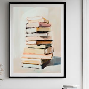 Impresión de amante de los libros, pintura de pila de libros, arte imprimible para ratones de biblioteca, regalo para amantes de los libros, arte de pared de moda, impresión digital, arte de rincón de lectura.