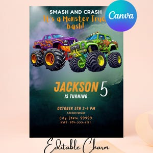 Monster Truck Editable  birthday invitation template, Boys Birthday Party Invite, Monster Truck Invites Customizable Canva Template