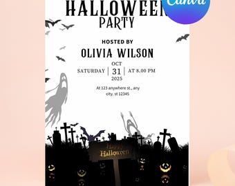 Editable Spooky Halloween Party Invite - Digital Download, Halloween Party Invitation, Printable Costume Party Invite, Canva Template