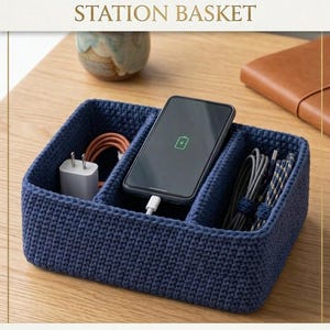 Crochet Charging Station Basket Pattern PDF, Crochet Organizer Basket Pattern, Charging Dock Organizer, Desk Storage Beginner Crochet.