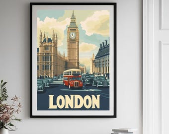 Arte mural de Londres / Impresión de Inglaterra / Póster de viaje / Decoración retro / Impresión de vacaciones / Arte imprimible / Mediados de siglo / Póster de autobús / Descarga digital