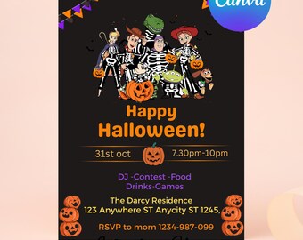 Editable Halloween Birthday Invitation Template, Trick or Treat Invitation, Printable Spooky Halloween Invite, Canva template.