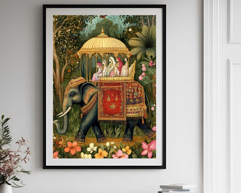 May include: A painting depicting an elephant carrying a golden palanquin with people inside. The elephant is adorned with red and gold fabric. The scene is set in a verdant forest with flowers.
