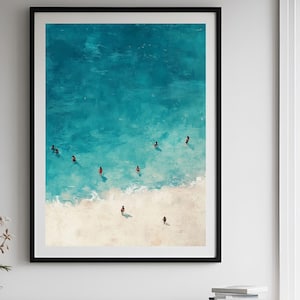 Tiny People Swimming in Ocean Print, Summer Poster, Beach House Decor, Minimalist Printable Wall Art, Digital Download.