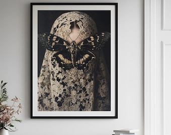 Veiled Woman Moth Art, Gothic Art Witchy Aesthetic, Dark Academia, Occult Poster Gothic Decor, Moody Wall Art, Halloween Art, Dark Romance.