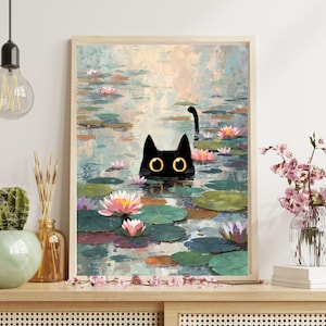 モネの睡蓮の猫のプリント、クロード・モネの猫のポスター、黒猫のアート、花柄プリント、面白い猫のプリント、面白いギフト、室内装飾のポスターアート。