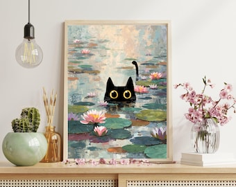 Monet Seerosenkatzendruck, Claude Monet Katzenplakat, schwarze Katzenkunst, Blumendruck, lustiges Katzengeschenk, lustiges Geschenk, Wohnkultur Plakatkunst.