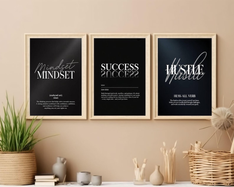 3 Piece Motivational Wall Art, Set of 3 Mindset Success Hustle Black ...