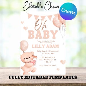 Editable Brown Bear Balloon Baby Shower Invitation, We Can Bearly Wait Baby Shower Invite, Blue Boy Boho Bear Baby Shower, Canva template.
