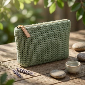 May include: A sage green crochet pouch featuring a rectangular shape with a textured stitch pattern. The pouch includes a gold-toned metal zipper closure with a light tan leather pull tab attached to the zipper slider for easy opening and closing.