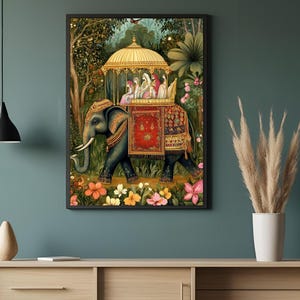 May include: A painting depicting an elephant carrying a golden palanquin with people inside. The elephant is adorned with red and gold fabric. The background features a vibrant green forest with flowers.