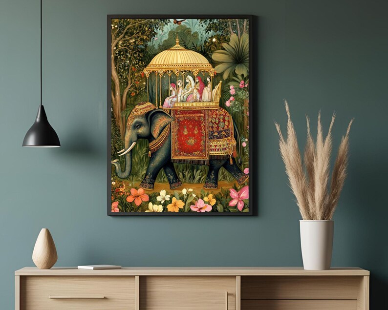 May include: A painting depicting an elephant carrying a golden palanquin with people inside. The elephant is adorned with red and gold fabric. The background features a vibrant green forest with flowers.