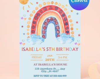 Rainbow Birthday Invitation, clouds and Rainbow Birthday Invitation Template printable, Magic rainbow invitation digitally editable in canva