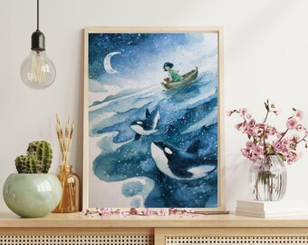 Orca Killer Whale Painting, Physical Shipped Art, Killer Whale Orca Watercolour Art, Alaska Canvas Art Print, Killer Whale Poster Wall Art.
