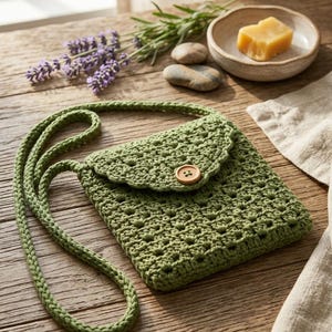 Peut inclure: Un sac bandoulière en crochet vert sauge doté d'un rabat festonné fermé par un bouton en bois marron clair. Le sac présente un motif en maille ajourée texturée et comprend une longue bandoulière tressée assortie de couleur verte.