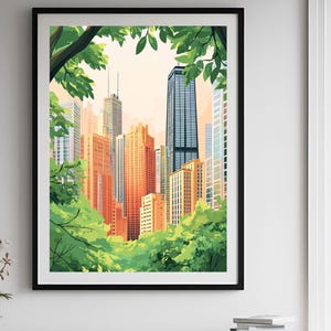 Retro Chicago Poster, Soft Pink Chicago Skiline Wall Art, Vintage Chicago Oil Painting, USA Travel Poster, Dorm Decor Gift, City straight.