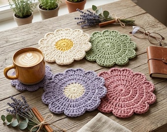 Crochet Daisy Coaster Pattern PDF, Daisy Flower Coaster Crochet Pattern, Floral Coaster, Cute Table Decor, Handmade Gift, Digital Download.