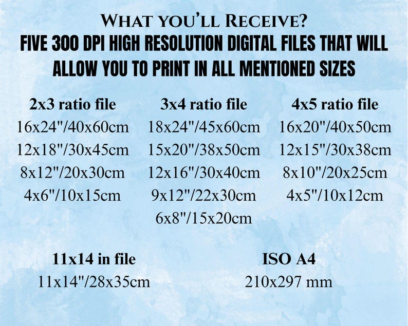 May include: A chart showing five different file sizes for digital prints, with measurements in inches and centimetres. The chart is titled "What You'll Receive?" and includes the text "Five 300 DPI High Resolution Digital Files That Will Allow You To Print In All Mentioned Sizes".