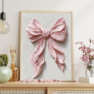 Pink Coquett Bow Impasto Paint, Valentine Bow Wall Art, Cottagecore Decor Gift, Vintage Girly Romantic Artwork, Preppy Home Wall Prints.