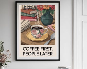 Coffee First, retro muurkunst, downloadbare kunst, koffiekar print, koffieliefhebber decor, trendy retro poster, maximalistische muurkunst.
