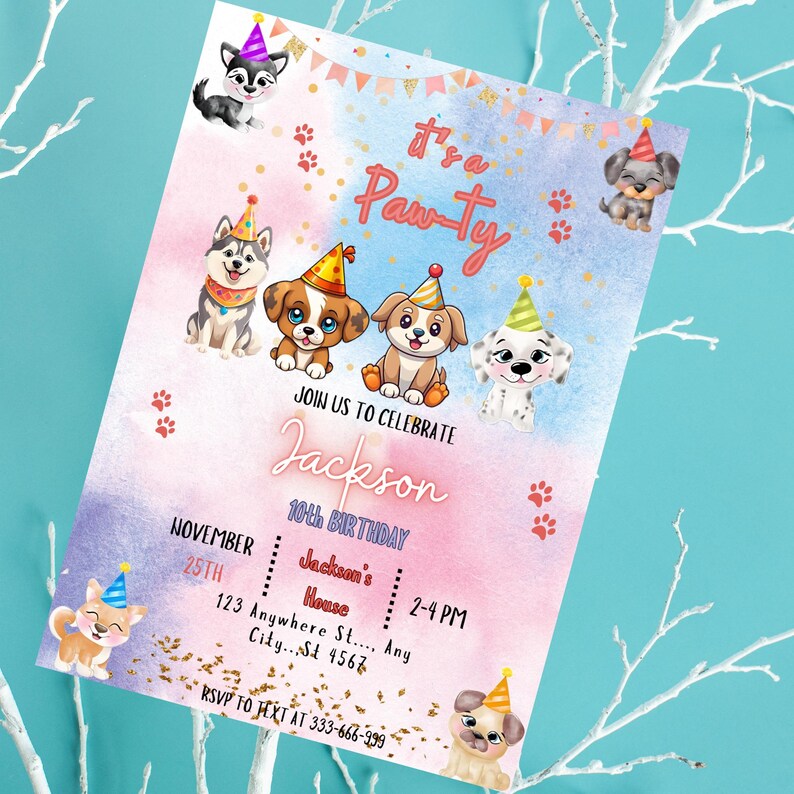 Puppy Birthday Invitation Canva Template, Dog Invitation, Printable ...
