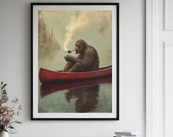 Bigfoot on a Red Canoe Fishing Retro Art Poster or Canvas Print, Whimsical Sasquatch Wall Art, Lake House Wall Decor, Bigfoot Funny Poster.