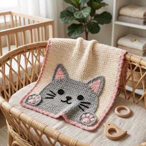 May include: A cream-colored crochet baby blanket featuring a large gray cat face appliqué with pink inner ears and paw pads. The blanket has a scalloped pink border and is draped over a light wood crib, accompanied by two small wooden baby toys.