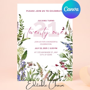 Editable 21st Birthday Invitation Template, Printable Wildflowers Cheers to 21 Years Birthday Party Invite, Pink Girl Birthday Invite