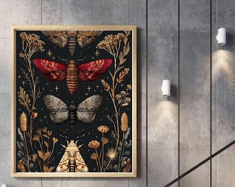 Rustic Botanical Moths | Dark Academia, Moody Floral Print, Dark Cottagecore, Gothic Flower Wall Art, Digital Download, Printable Art.