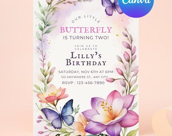 EDITABLE Butterfly Invitation Butterfly Birthday Invitation Purple Butterfly Theme Invitation Pink Butterfly Party  Instant Download