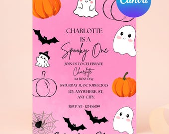 Editable Spooky One Halloween Birthday Invite, Pink Halloween Cute Ghost First Birthday Invite, Spooky 1st Birthday ,Spooktacular Party