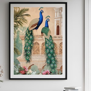 Peacock Mughal Indian Art, Floral Nature Prints, Living Room decor, Indian Vintage Palace Royal Painting, Poster, Wall Art.