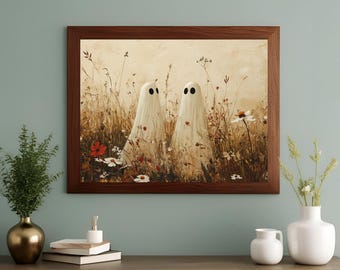 Vintage Cute Ghosts in Wildflower Meadow Print, Spooky Halloween Fall Painting Printable Wall Art, Moody Ghosts Autumn Decor Digital.