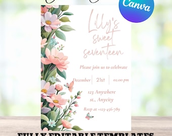 Editable Pink birthday party invitation template, hot pink floral birthday invitations for her blush pink roses fuchsia magenta ladies