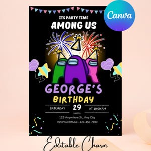 Among invitation Birthday Invitation, Kids Birthday Invitation, Amoung us Game invite, Digital Editable Personalized Canva Printable.