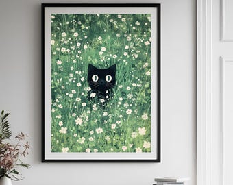 Cat Wall Art, Cat Print, Black Cat in Daisies Meadow Hand Drawn Poster, Cute Animal Pop Illustration, Aesthetic Wall Decor Home